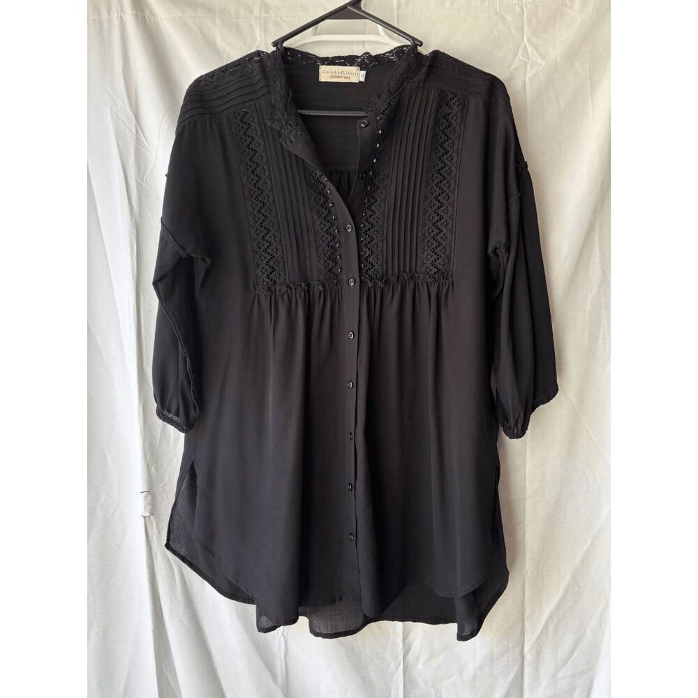 4 Love and Liberty Johnny Was Black Silk Tunic 3/4 Sleeve Blouse Womens Size XS